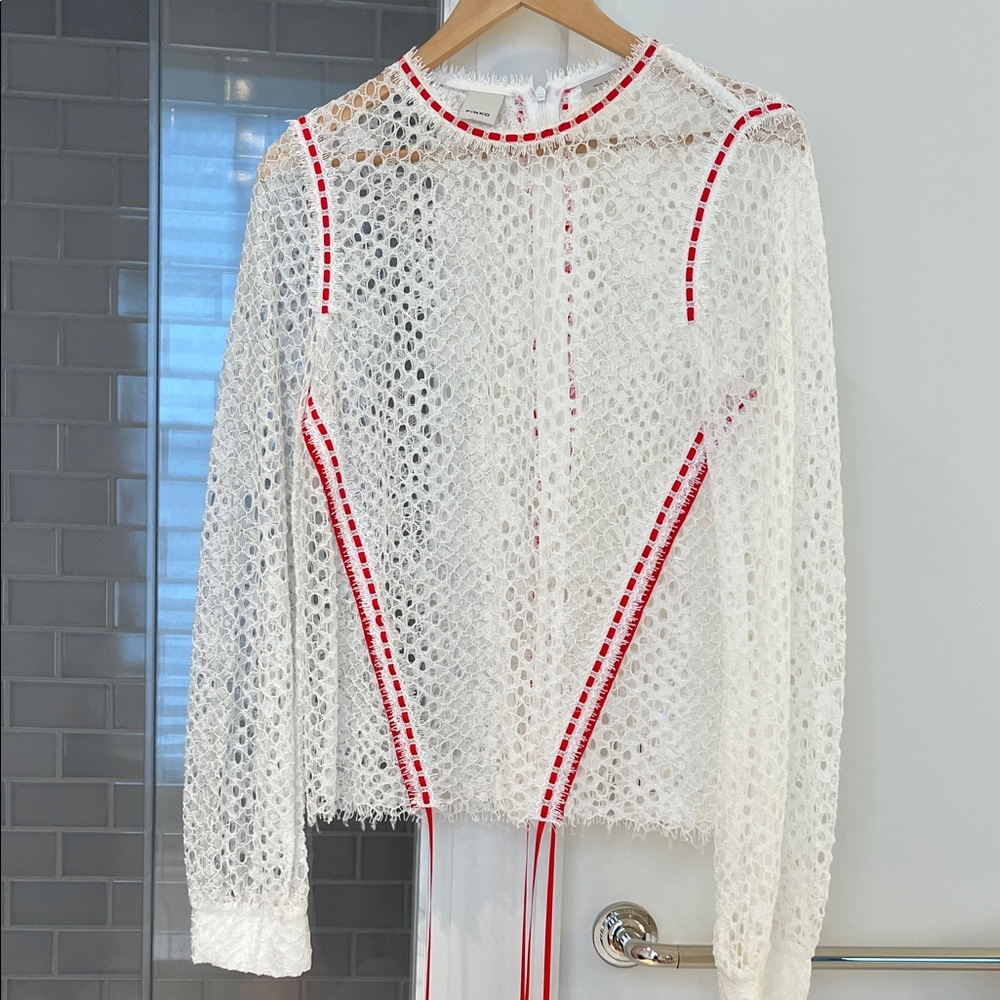 Mod White Lace top with red ribbon trim